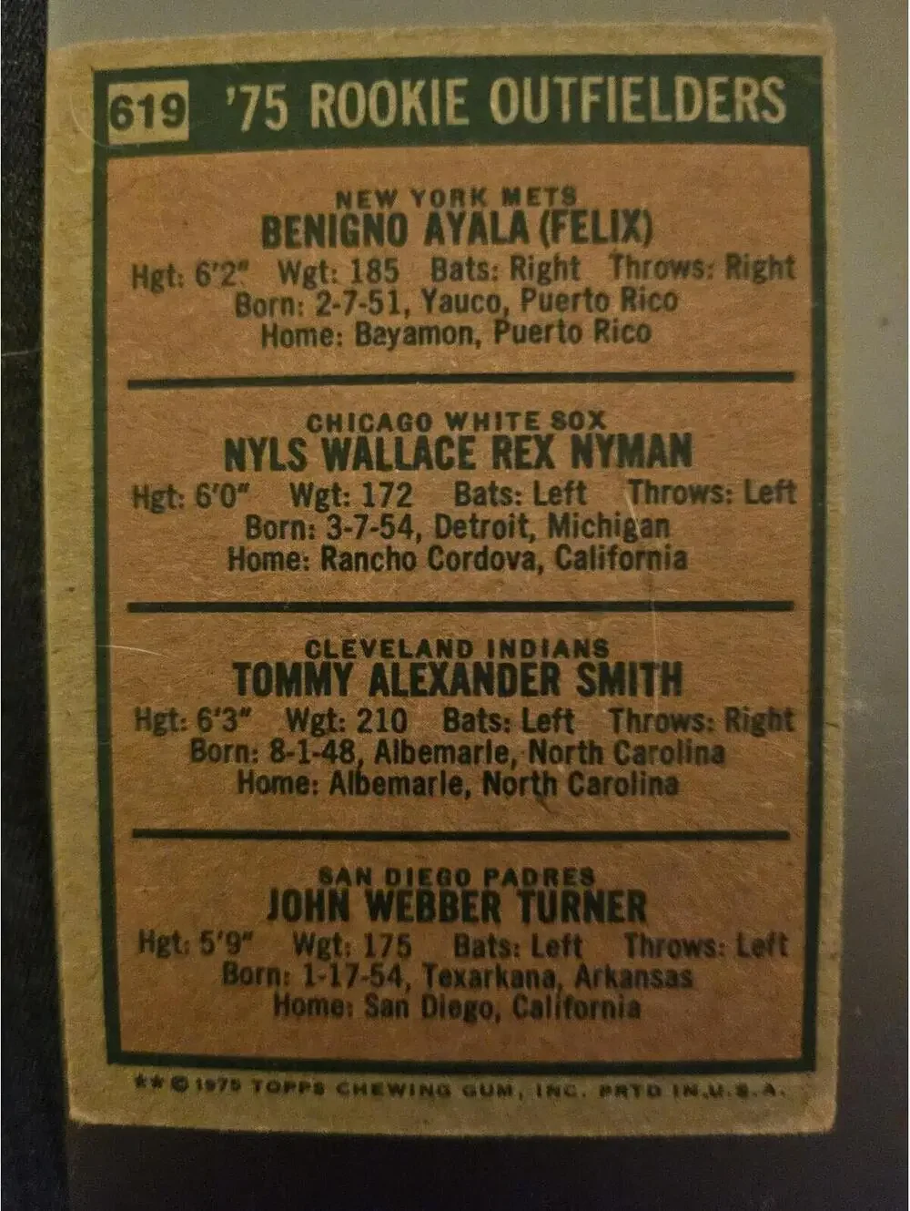 1975 Topps Rookie Outfielders Benny Ayala Tommy Smith Nyoman Turner #619  as is - Picture 2 of 2